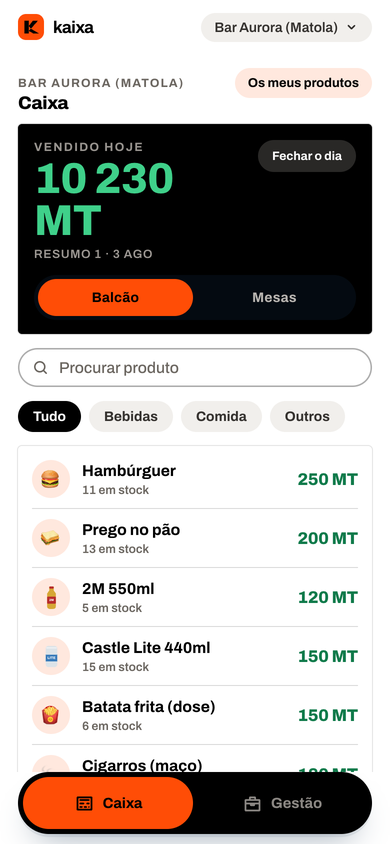 O ecra da caixa na kaixa, com o total do dia e a lista de produtos.